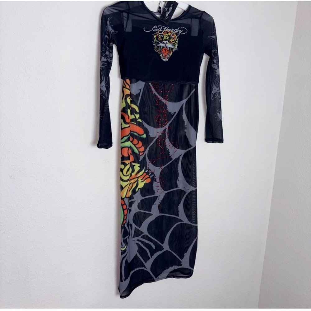 Ed Hardy Mesh Two Piece Set Small Black Tattoo Tiger Snake Rhinestone Maxi Crop